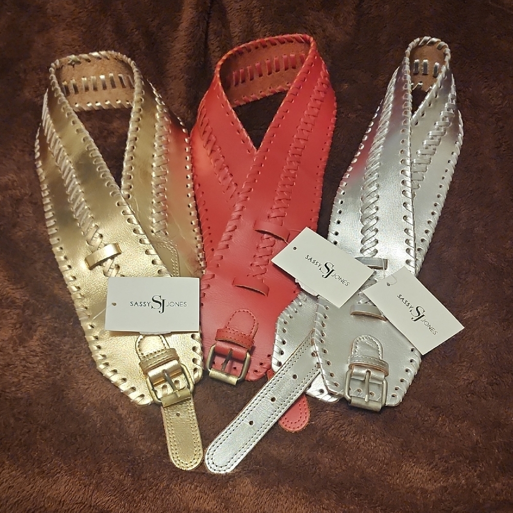 Sassy Jones Trio of Gold, Red, and Silver Belts